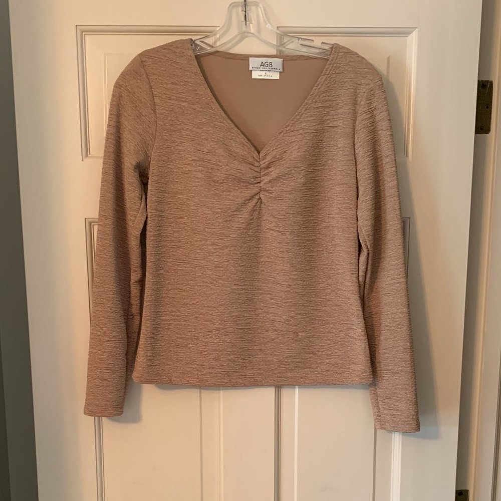 2/$20 Gold Crinkle Crepe top with Ruched V-Neck Long Sleeves - Size Small